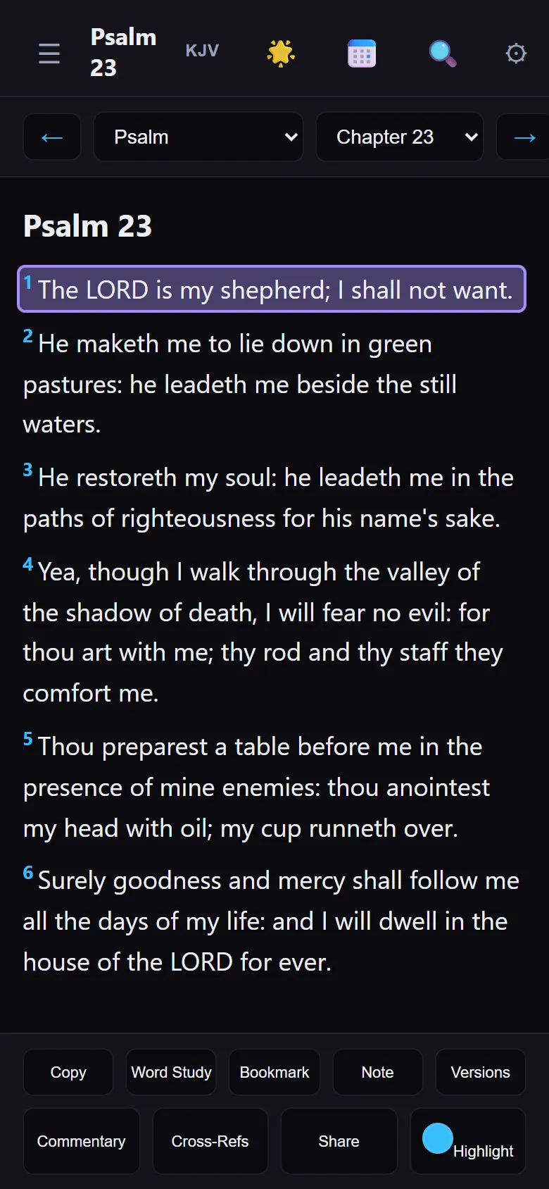 WCM Bible on a phone, open at Psalm 23